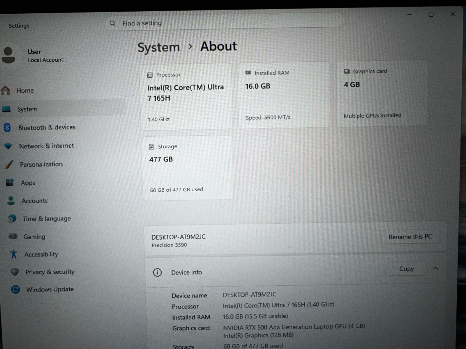 Dell Precision 3590 15.6 Gray FHD 1.4 GHz Ultra 7 165H 16GB 512GB SSD RTX500 GPU