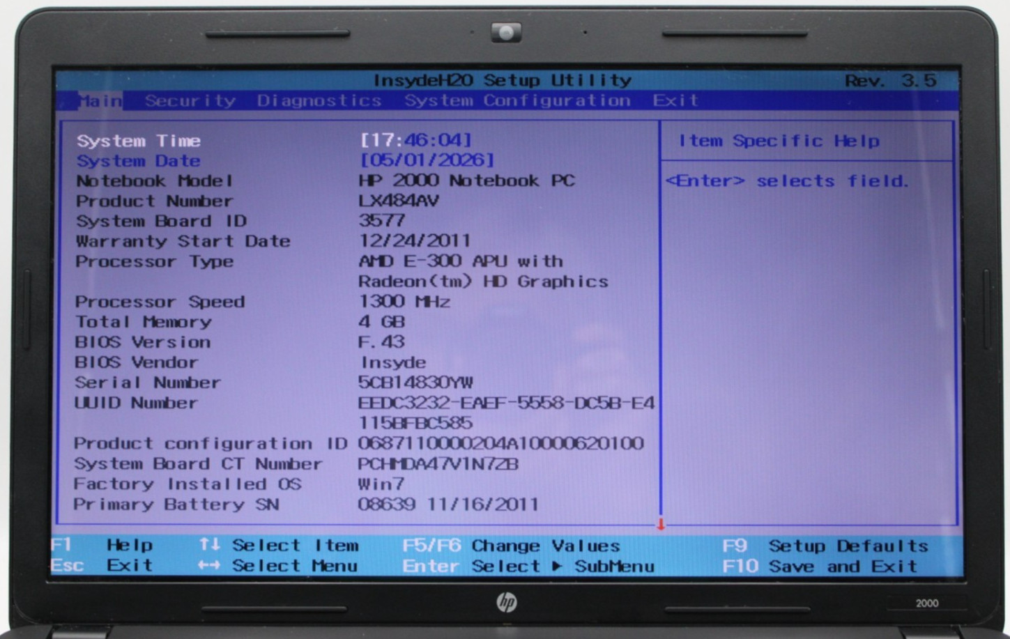 HP 2000 Notebook AMD-E-300@1.3GHz 4GB DDR3 NO STORAGE OR OS *USED/TESTED*