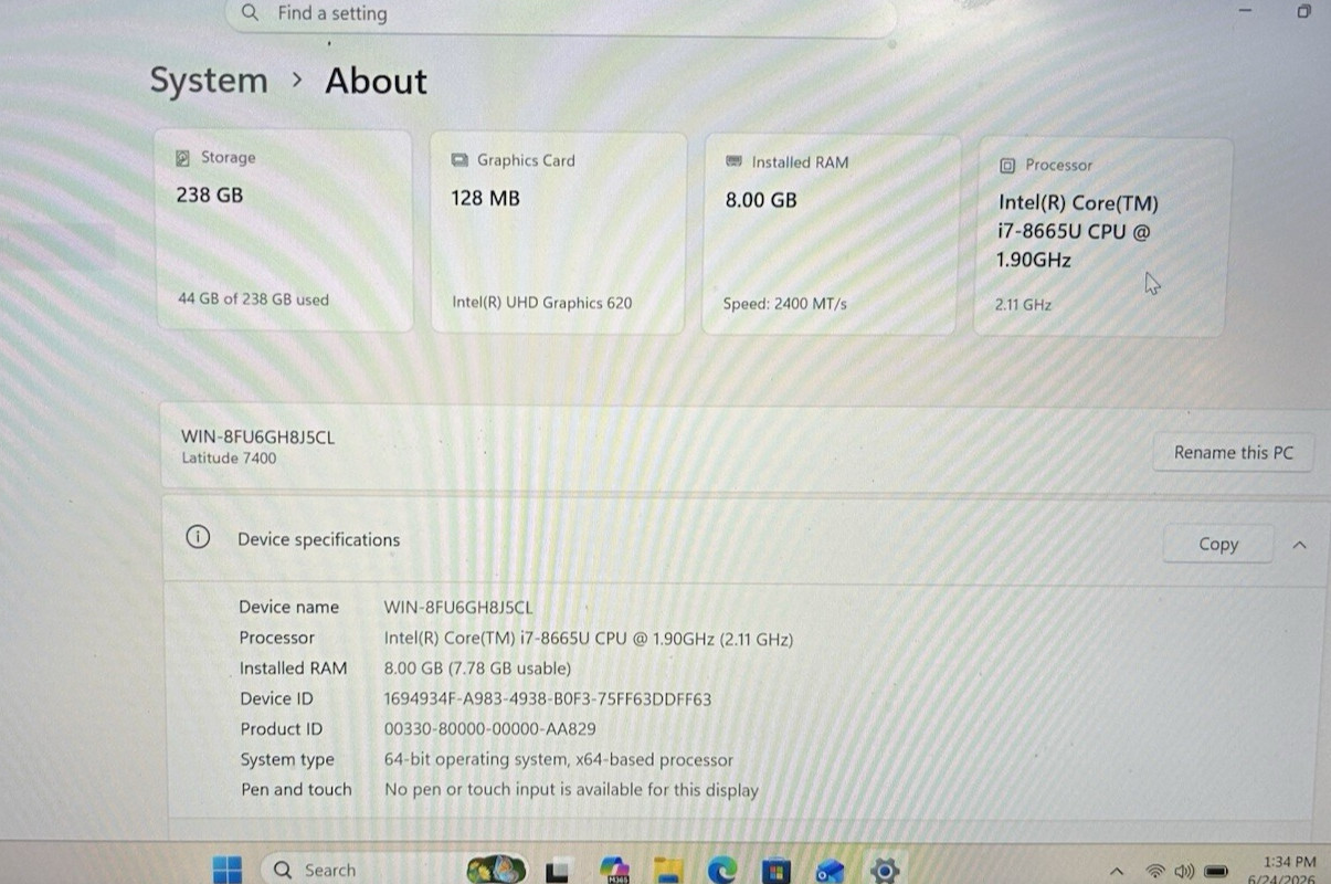 Dell Latitude 7400 14″ i7-8665U @1.9GHz – 8GB RAM – 256GB NVMe – W11P – READ