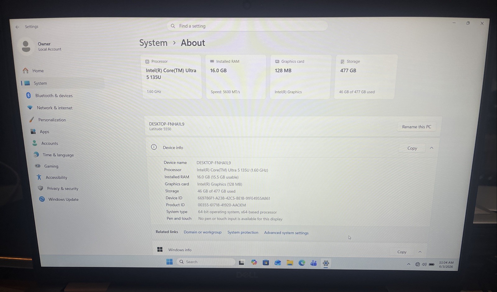 Dell Latitude 5550 15.6″ Intel Core Ultra 5 135U@1.6GHz, 16GB RAM, 512GB M2