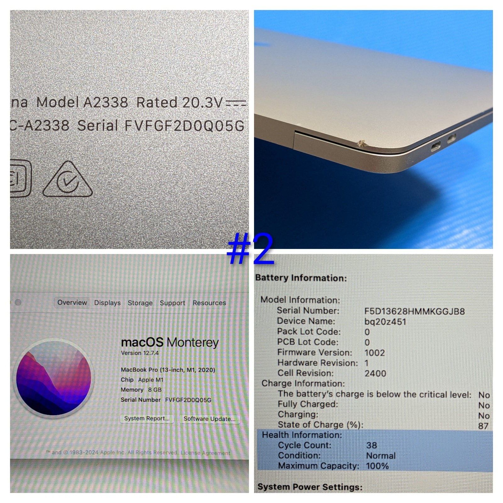 Apple MacBook Pro A2338 (2020) 13.3″ M1 8CPU/8GPU 3.2GHz 8GB 256GB MYDA2LL/A +PA