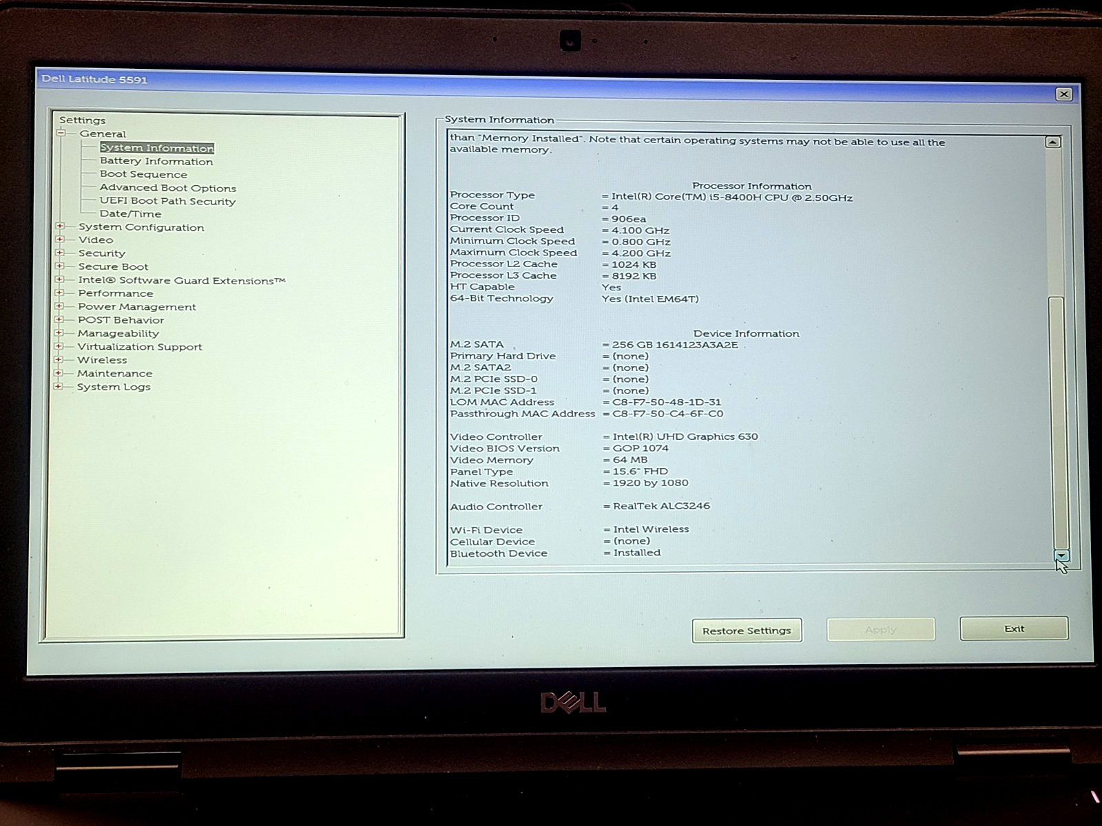 Dell Latitude 5591 FHD Intel i5-8400H 8GB RAM/256GB SSD Win11Pro, B, Powercord
