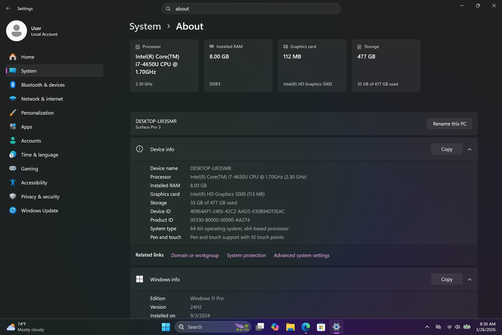 Microsoft Surface Pro 3 12″ Tablet i7-4650U 8GB RAM 512GB SSD Windows 11 Pro