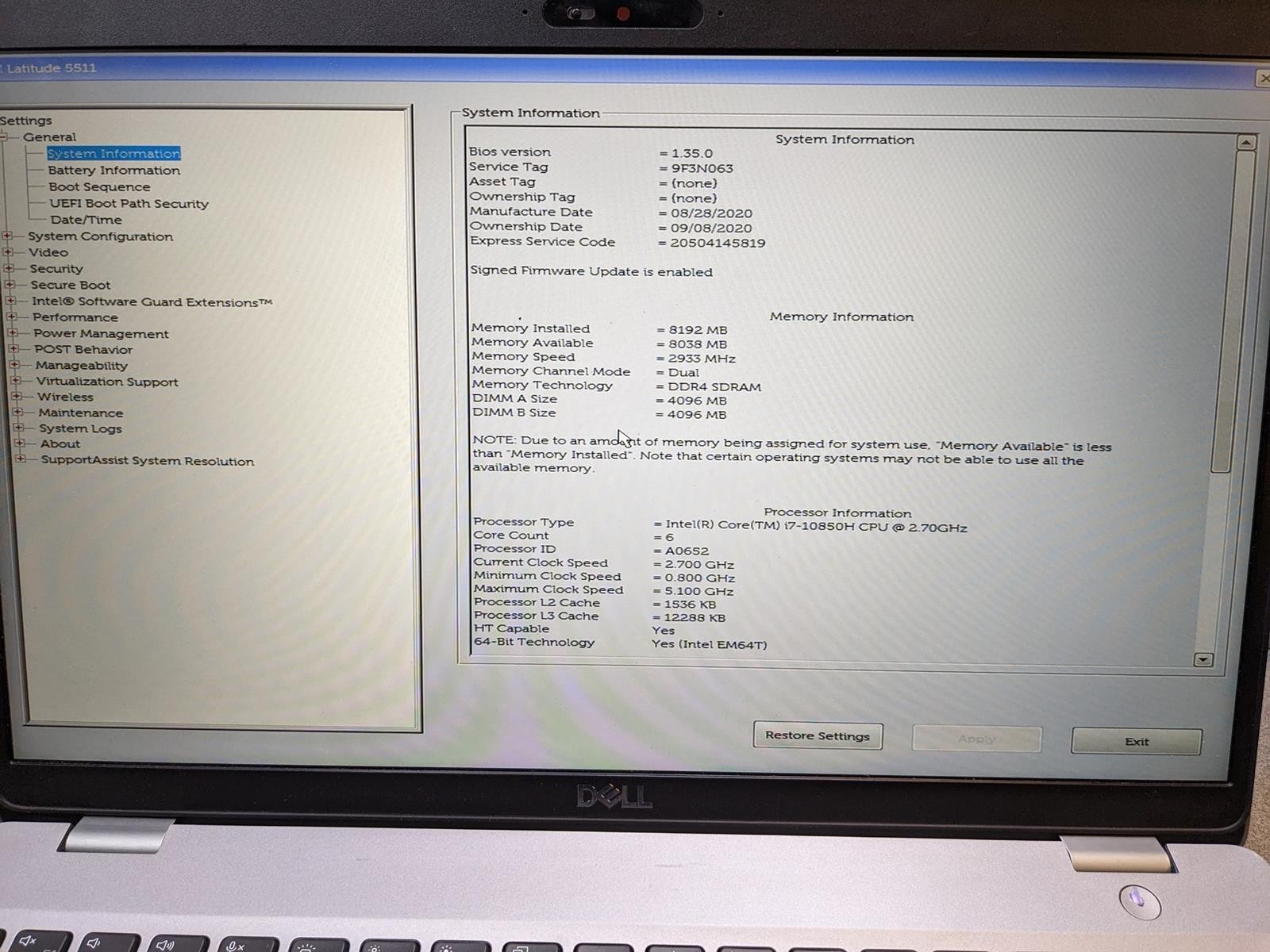 DELL LATITUDE 5511 i7-10850H @ 2.70 GHz, 8GB RAM, NO HDD/OS