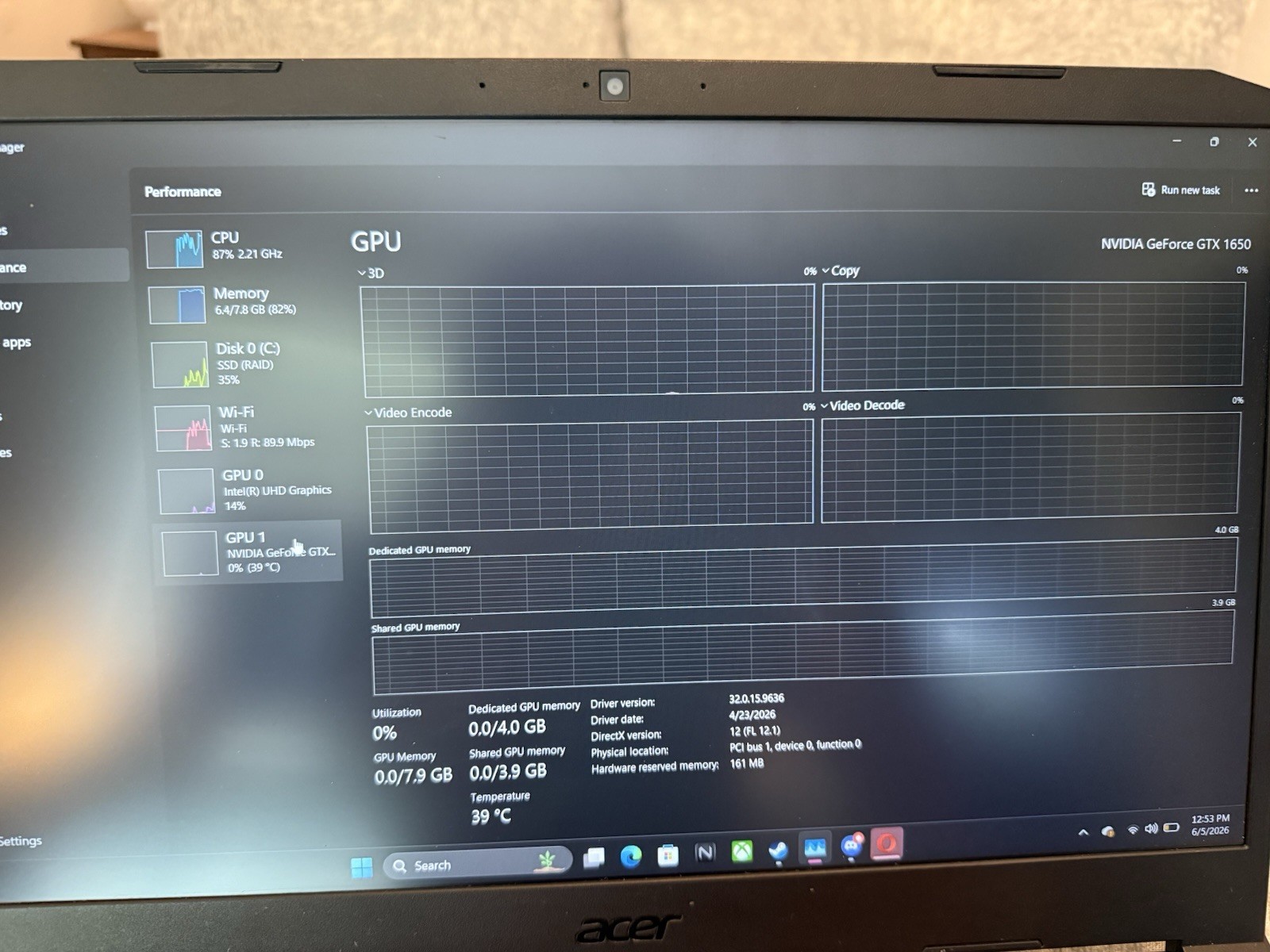 Acer Nitro 5 15.6″ Gaming Laptop i5 10th Gen 8GB 256GB SSD GTX 1650