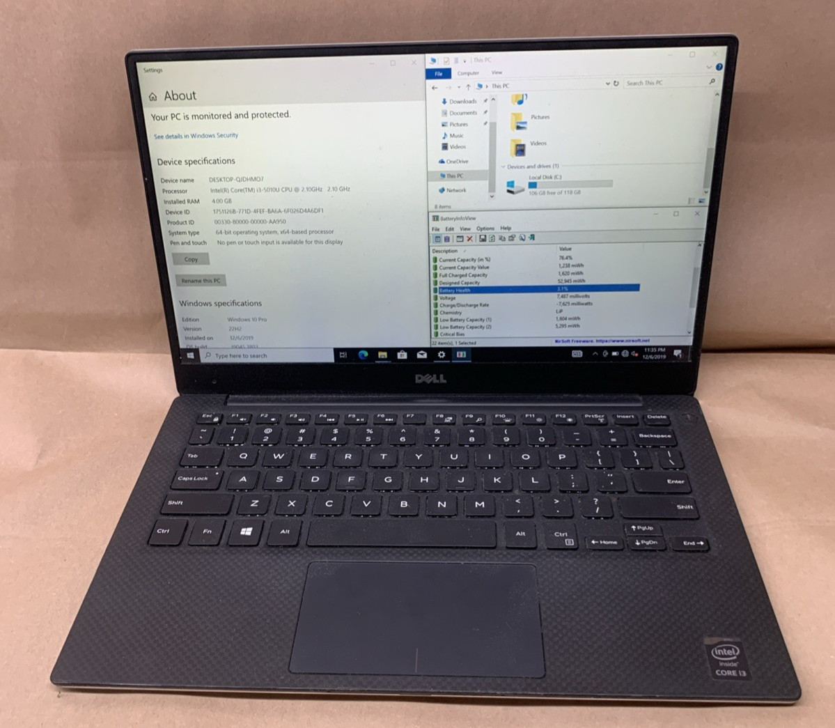 Dell XPS 13 9343 Laptop, Intel i3-5010U@2.1GHz, 4GB RAM, 128GB SSD, Win10P