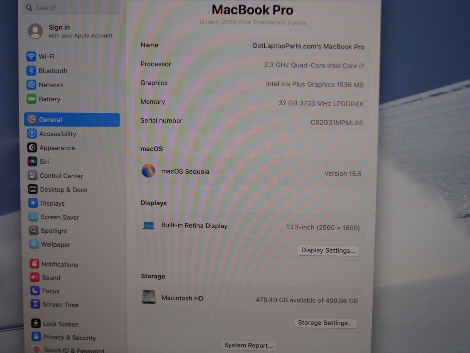 Apple MacBook Pro 13″ (2020) A2251/BTO i7-1068NG7 2.3GHz 32GB 512GB Sequoia +PA