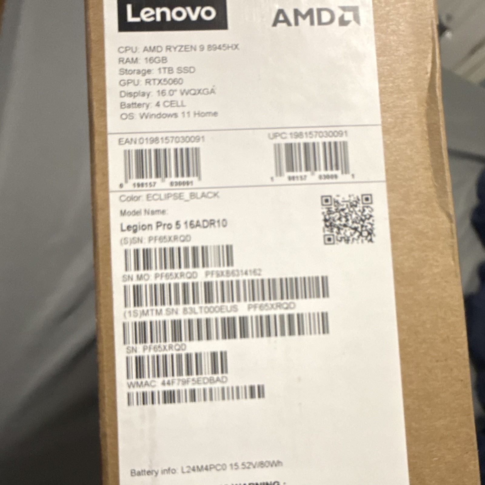 Lenovo Legion Pro 5 16ADR10 16in Ryzen 9 8945HX 16GB 1TB RTX 5060