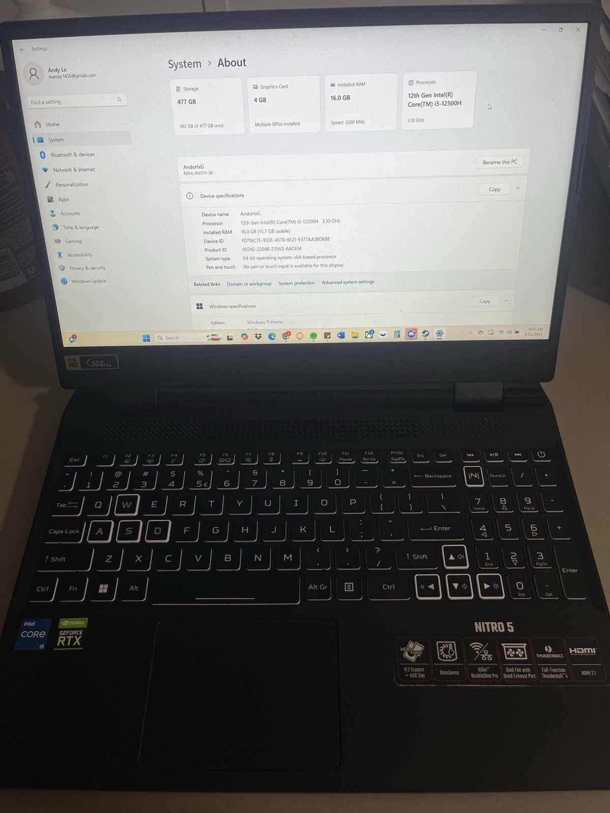 Acer Nitro 5 AN515-58 Core i5-12500H (12th Gen) 16GB Ram 3.10GHz Gaming Laptop
