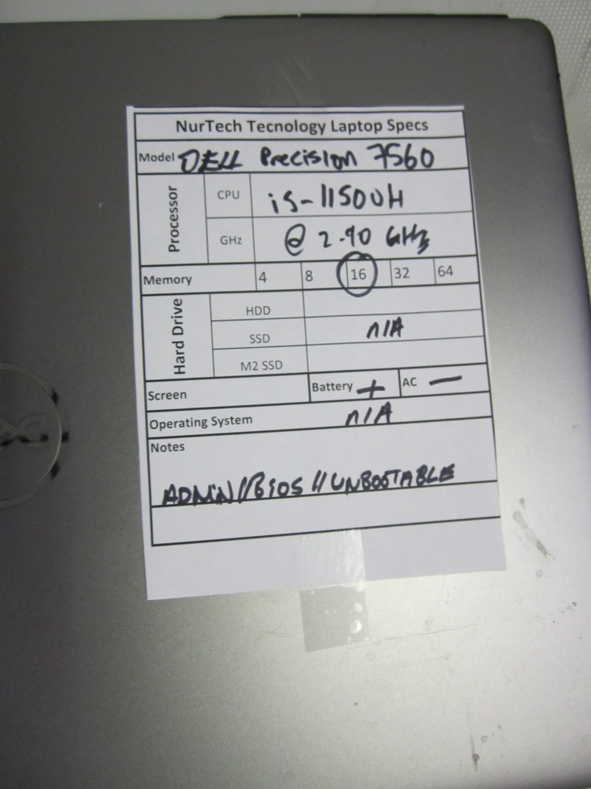 DELL PRECISION 7560 i5-11500H 2.9GHz 16GB Laptop NO OS/HDD/AC BIOS