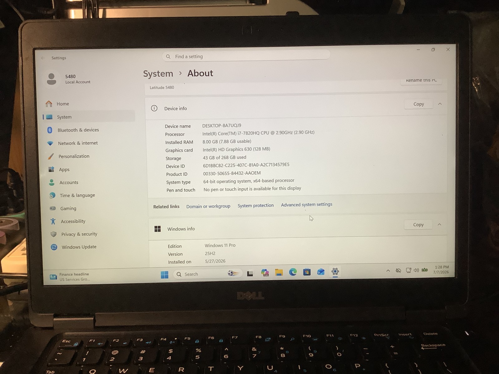 Dell Latitude 5480, i7-7820HQ – 8 GB – 256 GB NVMe + 32 GB Windows 11 Pro 25H2