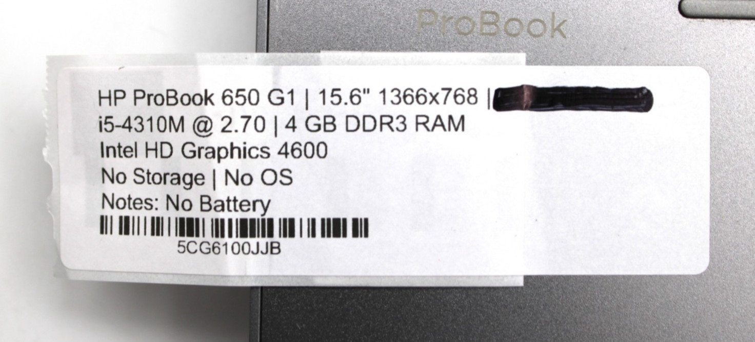 HP ProBook 650 G1 i5-4310M@2.7GHz 4GB DDR3 NO STORAGE OR OS *USED/TESTED*