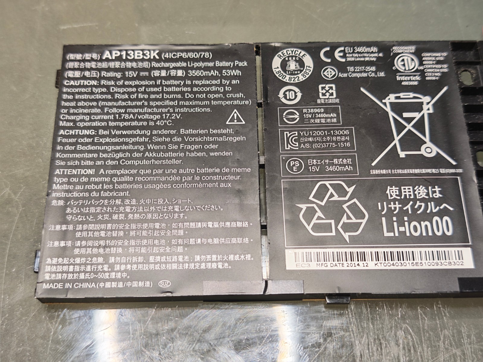 ACER BATTERY AP13B3K 15.V 3560mAh 53Wh ORIGINAL 93% #