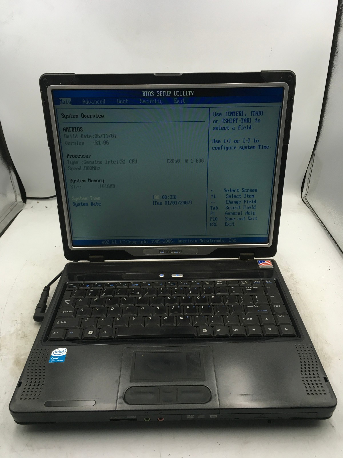 DURABOOK S14Y NOTEBOOK -BOOTS TO BIOS- INTEL CORE 2 DUO T2050 – 1GB RAM -READ-BB