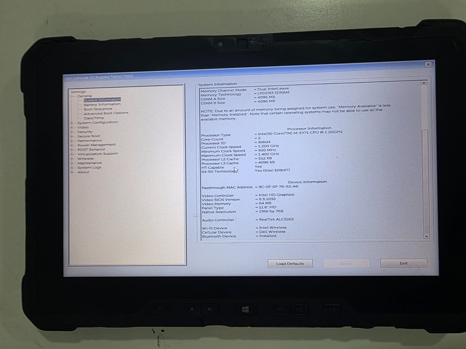 Dell Latitude 12 Rugged Tablet 7202 Intel Core M-5Y71 CPU 8GB 128GB M.2 Win10 En