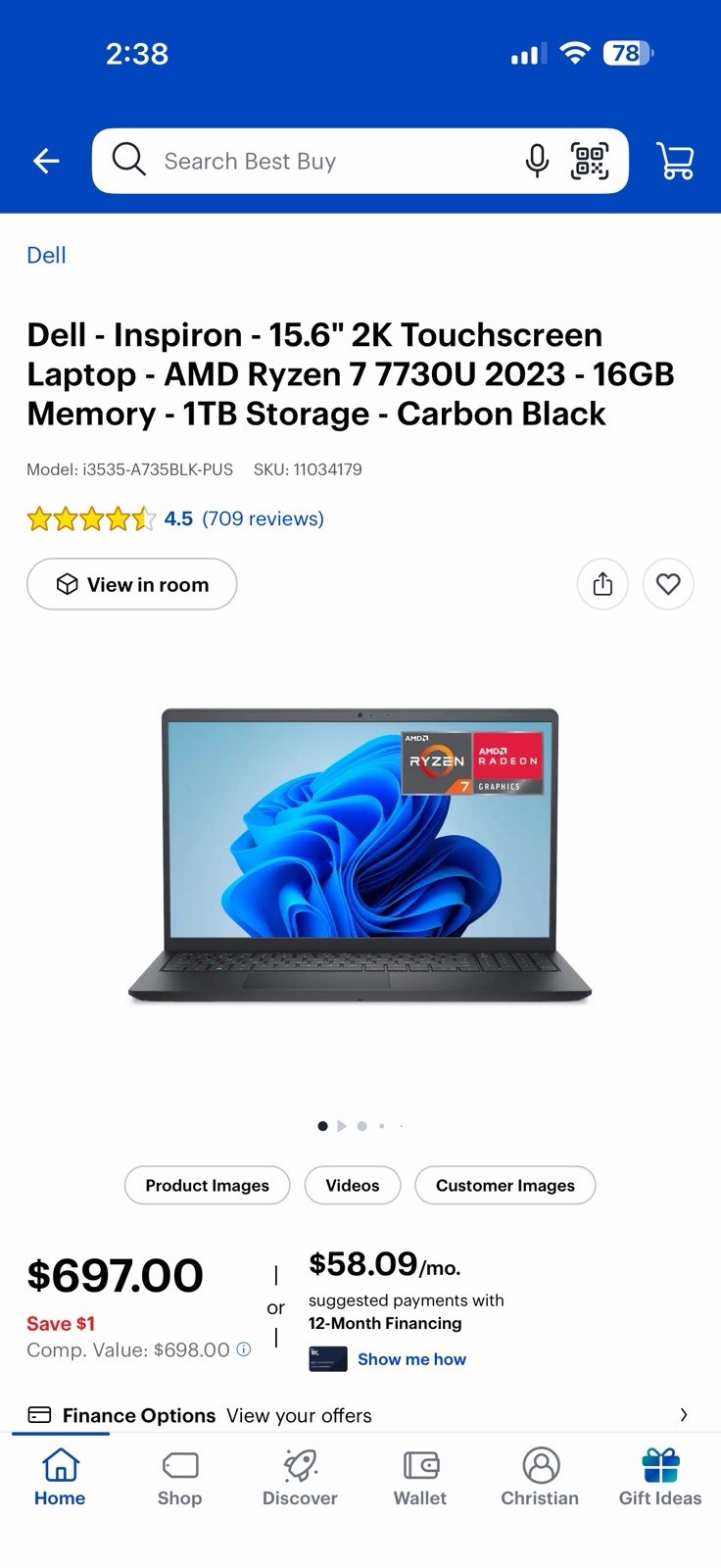 Dell Inspiron i3535 15.6in 2K Touch Ryzen 7 7730U 16GB 1TB SSD W11 Black