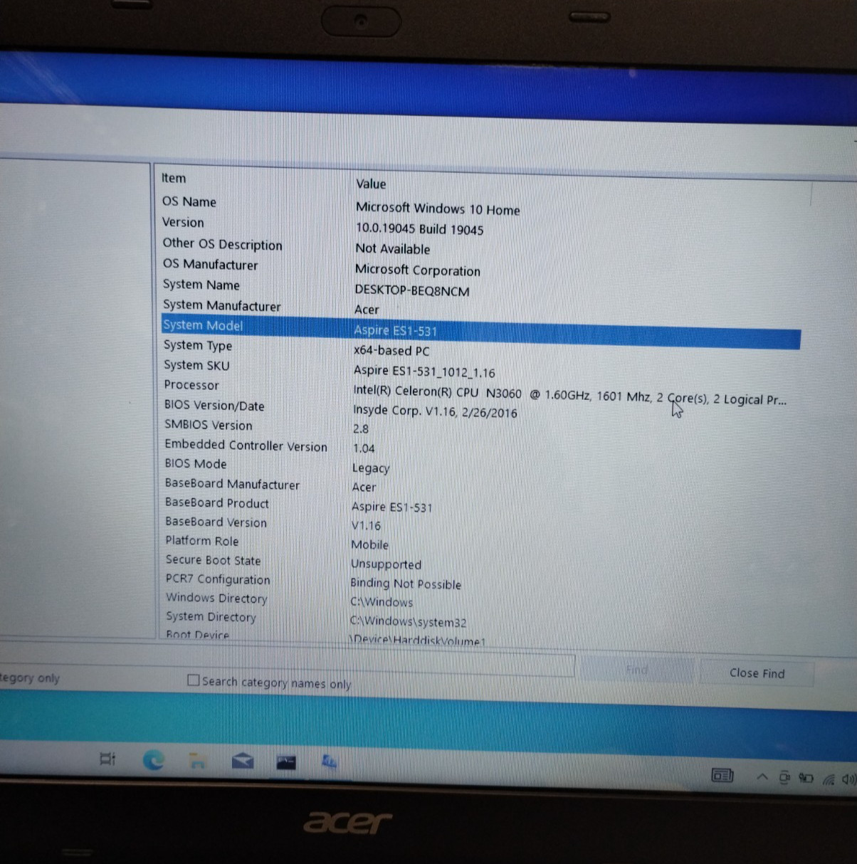 Acer Aspire ES1-531 N15W4 15.6″ Laptop N3060 1.60 8GB RAM 500GB HDD W10H H3942