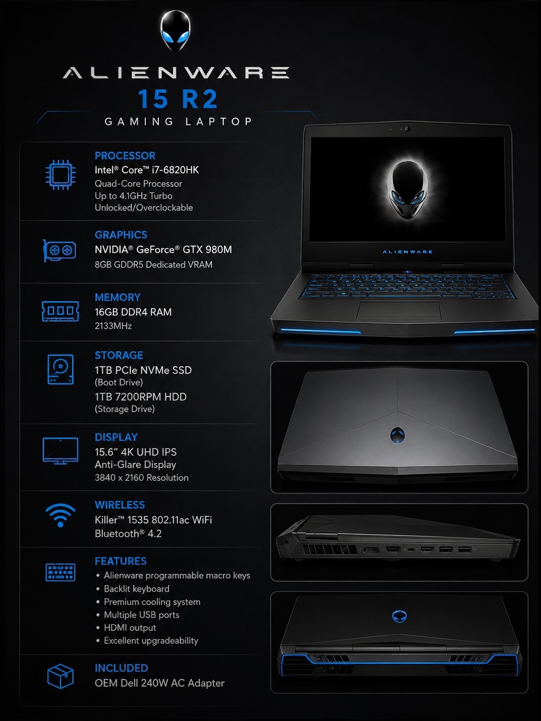 Alienware 15 R2 Gaming Laptop i7-6820HK GTX 980M 8GB 16GB RAM 1TB SSD 1TB HDD 4k