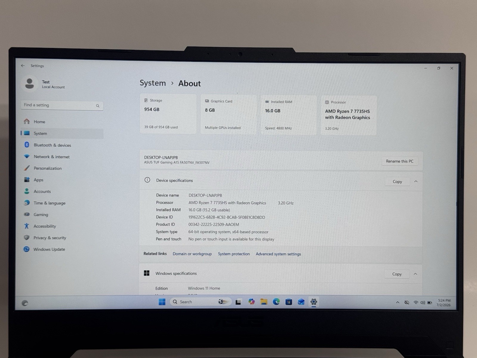 Asus TUF A15 FA507 15.6″ Ryzen 7 7735HS 16GB RAM 1TB SSD GeForce RTX 4060