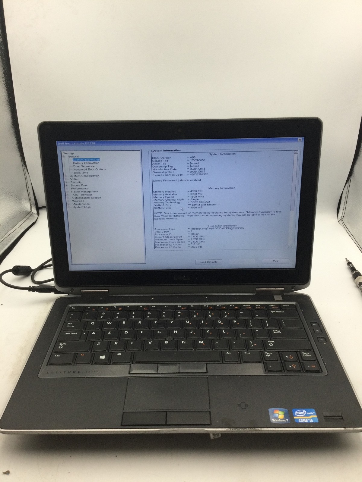 DELL LATITUDE E6330 – BOOTS TO BIOS – INTEL I5 3320 – NO RAM – 13″ – READ – BB!