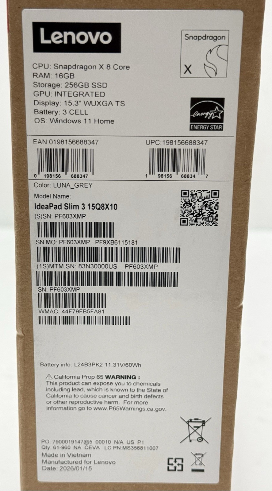 Lenovo IdeaPad Slim 3 15Q8X10 15.3″ Snapdragon X 8 Core 16GB RAM 256GB SSD -Grey