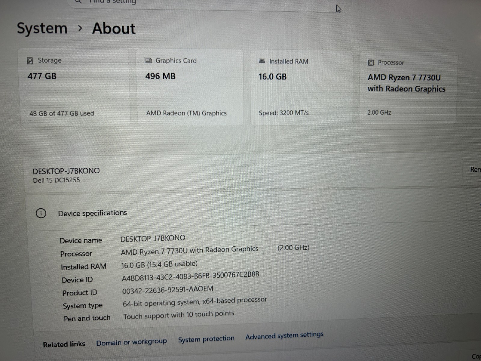 DELL 15 DC15255 G8MK9,, AMD Ryzen 7 7730U, 2.00 GHz, 16 GB RAM,, 512 GB NVMe SSD