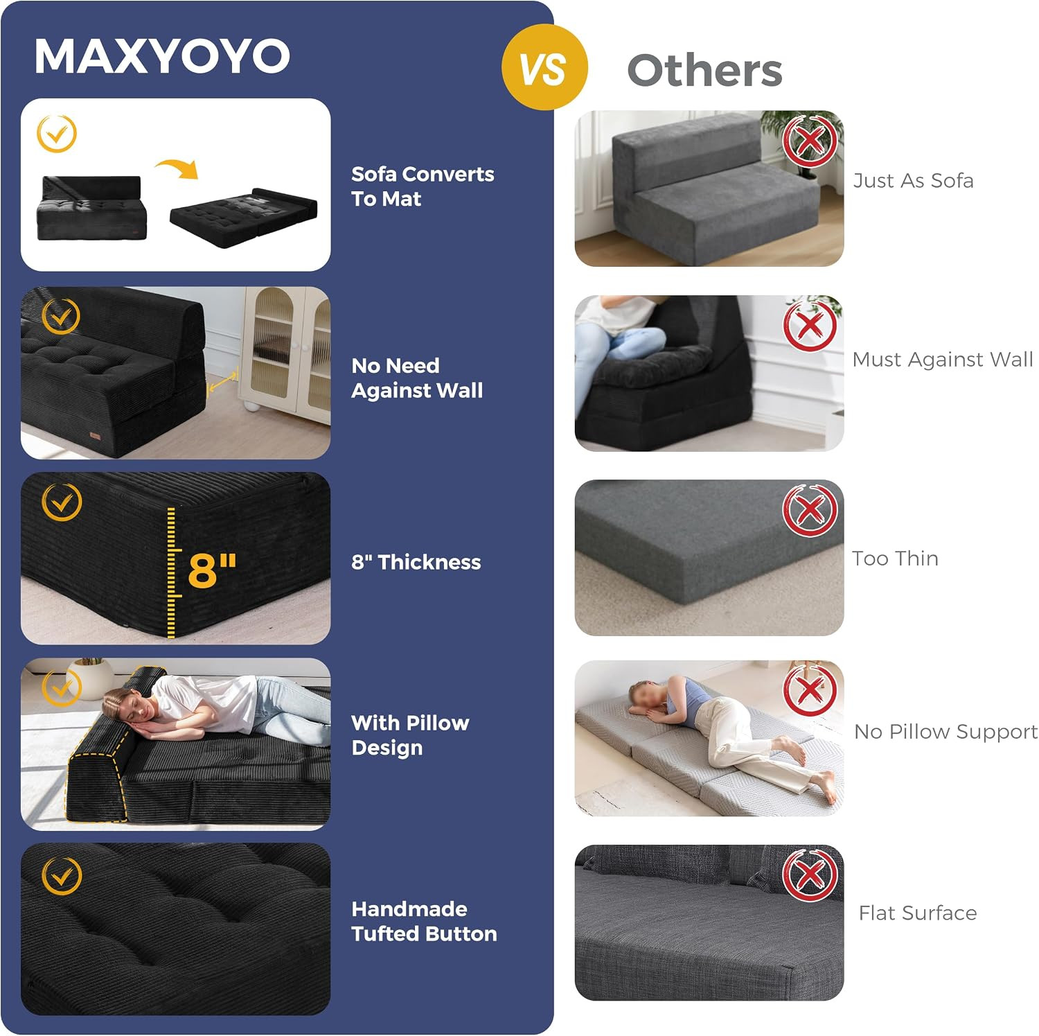 8″ Folding Sofa Bed, Fold Out Chair Bed, Convertible Floor Sofa Couch, High-Dens
