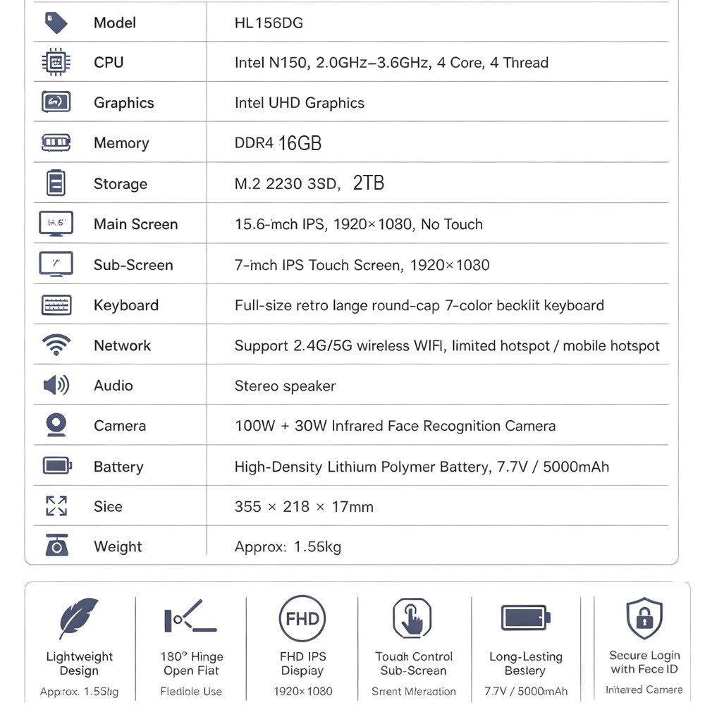 15.6″ Laptop Computer 16GB RAM 2TB SSD with 4 Cores IPS Full HD Business Laptop