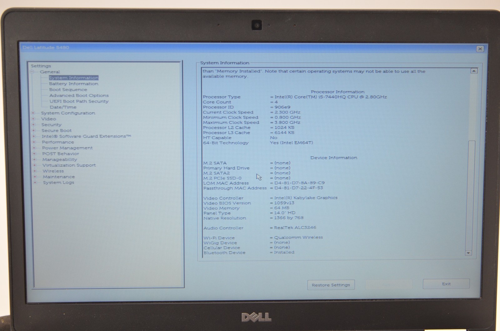 Dell Latitude 5480 14″ 1920 x 1080 Laptop I5-7440HQ 8GB RAM NO HDD NO OS PARTS