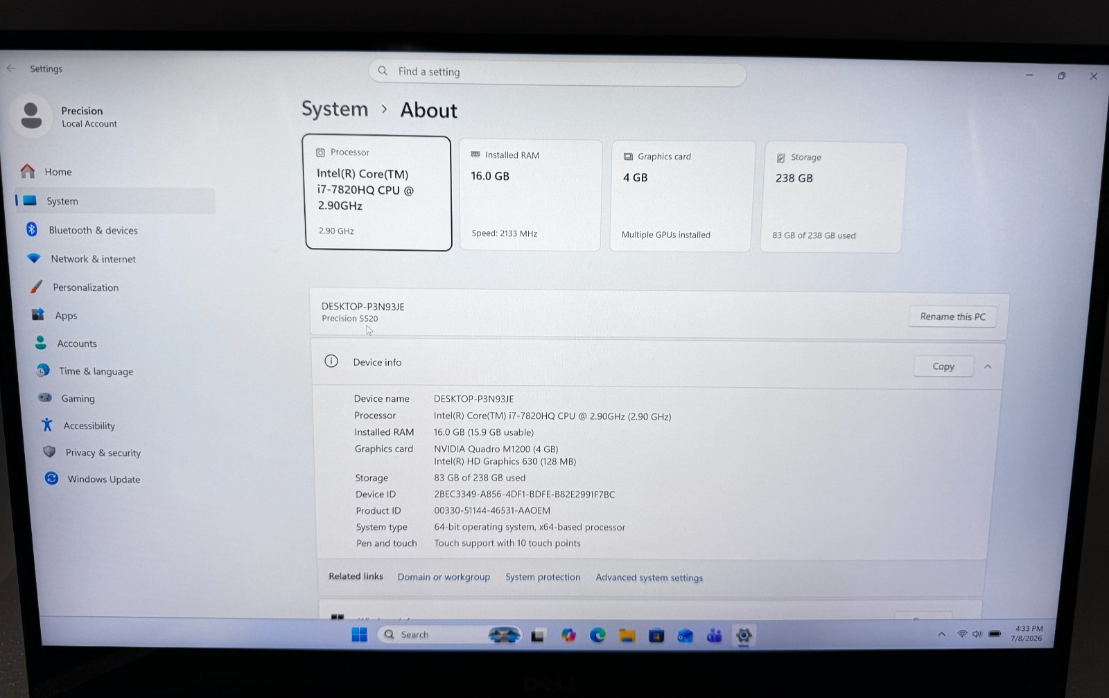 Dell Precision 5520 15.6 4K Touch Laptop i7-7820HQ 16GB 256GB QuadroM12000 Win11