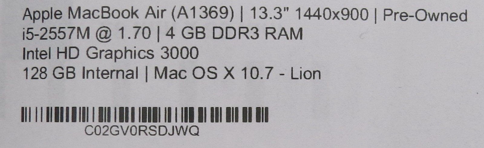 2011 MacBook Air 13″ A1369 i5-2557M @ 1.7GHz 4GB RAM 128GB SSD MacOS X