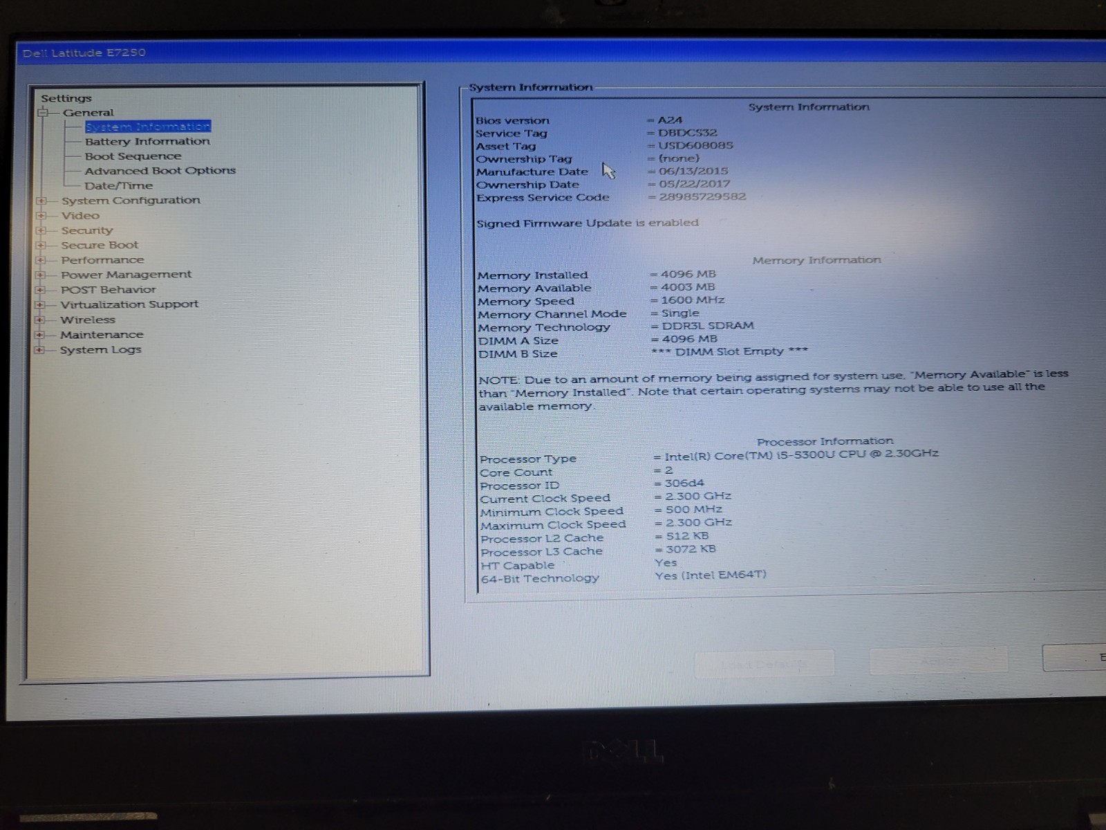 Dell Latitude E7250 i5-5300U@2.3GHz 4GB RAM *NO COVER/SSD/OS/BATT/AS IS* | LP517