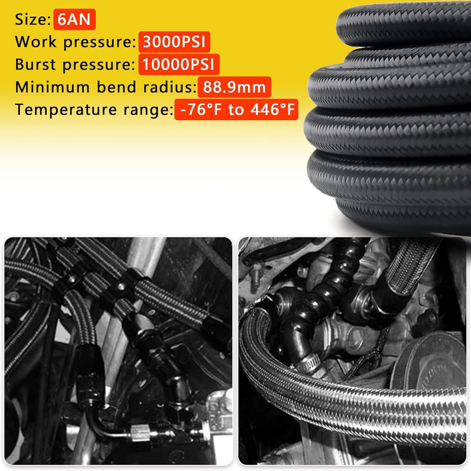 6AN PTFE Fuel Line Kit, Nylon Stainless Steel Braided Fuel Hose, LS Swap EFI E85