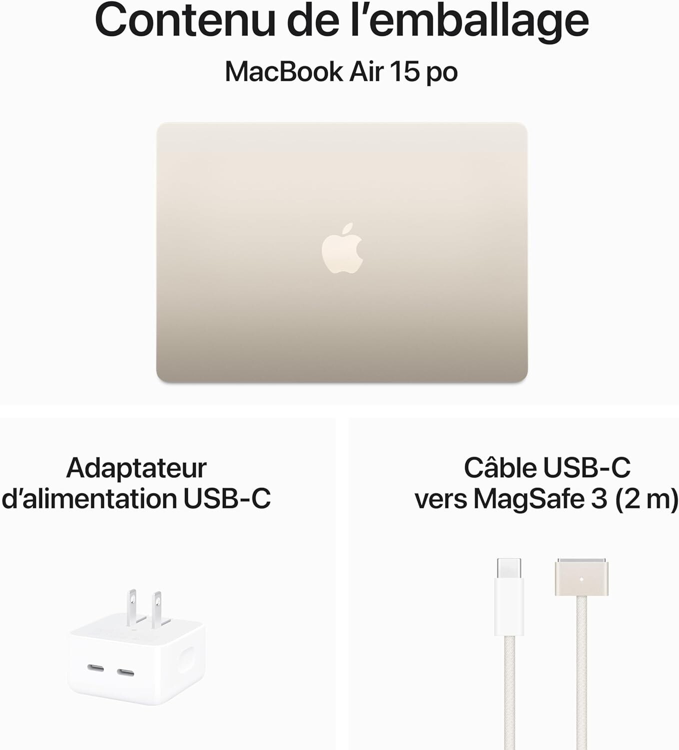 Apple MacBook Air 15.3 in. Apple M3 Chip 16 GB RAM, 256 GB SSD, Starlight French