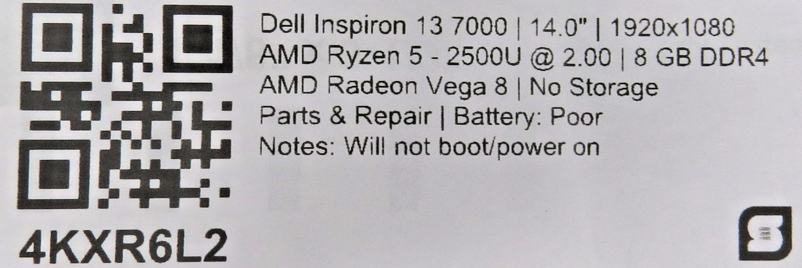 Dell Inspiron 13 7000 _ AMD Ryzen 5-2500U _ 8GB RAM _ No SSD / OS *PARTS