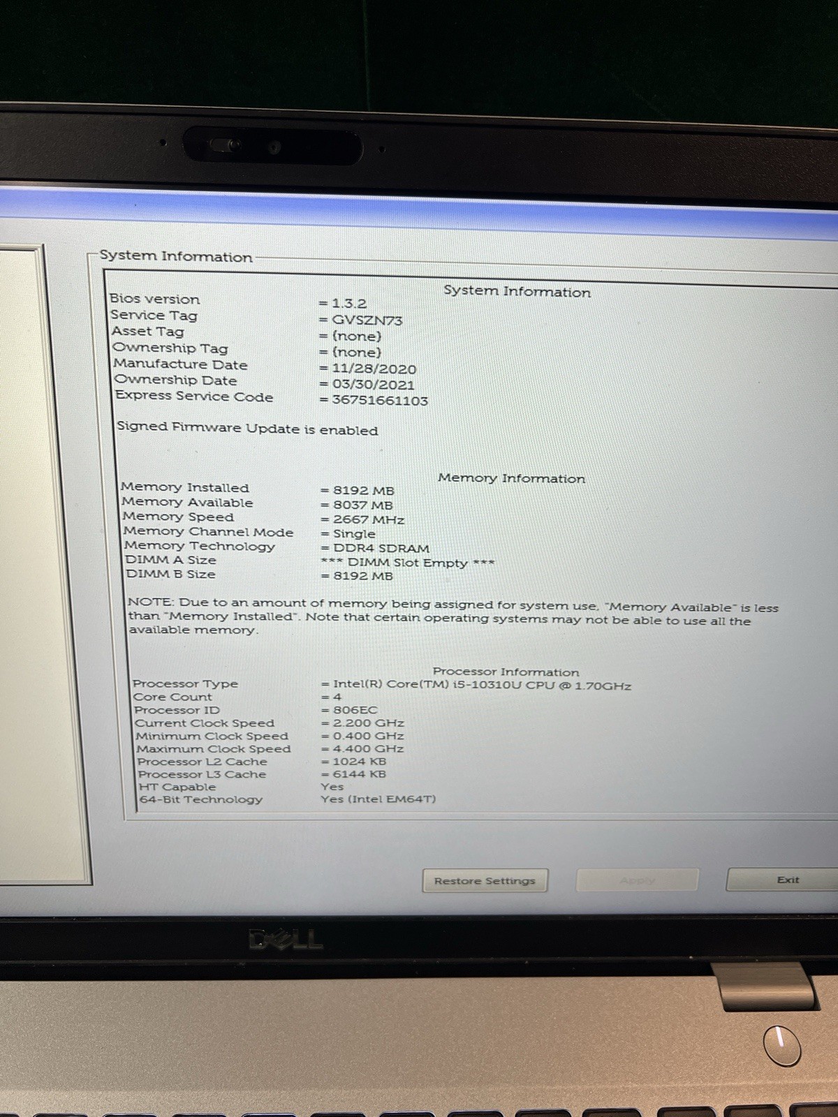 Dell PRECISION 3550 i5-10310U 8GB 1.70GHZ LAPTOP NO OS/AC/HDD BIOS