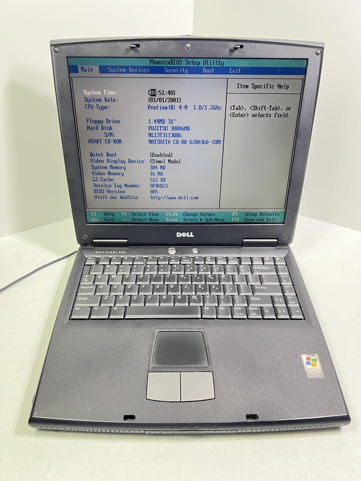 Dell Inspiron 2650 Pentium 4-M 1.8GHz 384MB Ram 30GB HDD 2002 Vintage Laptop