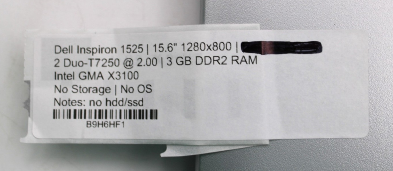 Dell Inspiron 1525 2Duo-T7250@2.0GHz 3GB DDR2 NO STORAGE OR OS *USED/TESTED*
