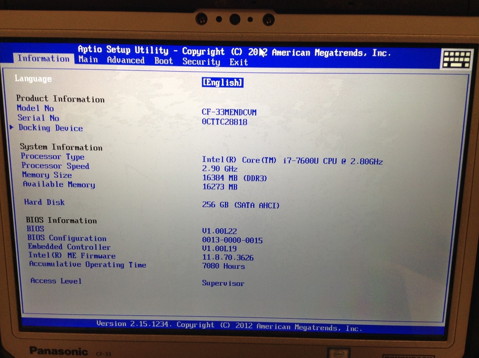 Panasonic Toughbook CF-33 MK1 i7-7600U 16GB 256GB SSD Touch 2 Batt, 7K HRS WORKS