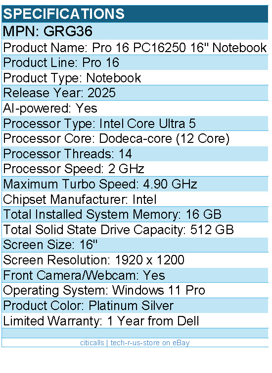 Dell GRG36 Pro 16 PC16250 16″ Notebook – Full HD Plus – Intel Core Ultra 5