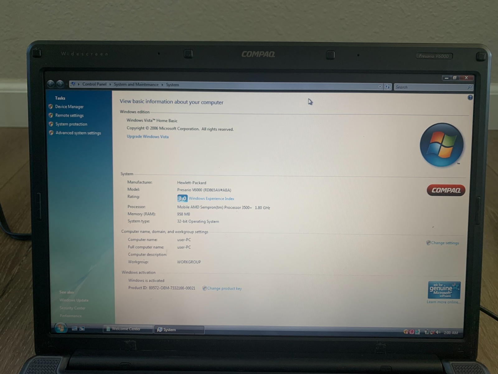 Compaq Presario V6000 15.4″ AMD Sempron 3500+ 1.80Ghz 1GB RAM 60GB HDD Win Vista