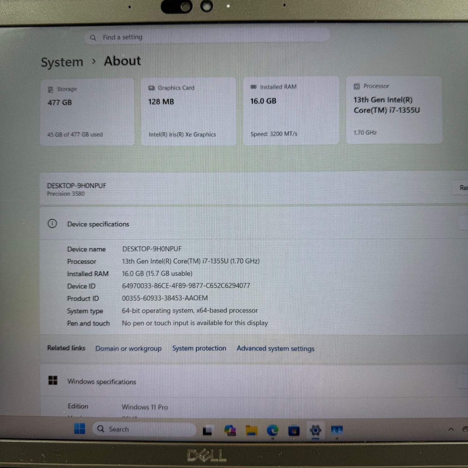 Dell Precision 3580 15.6″ i7-1355U 1.7GHz 16GB RAM 512GB SSD READ
