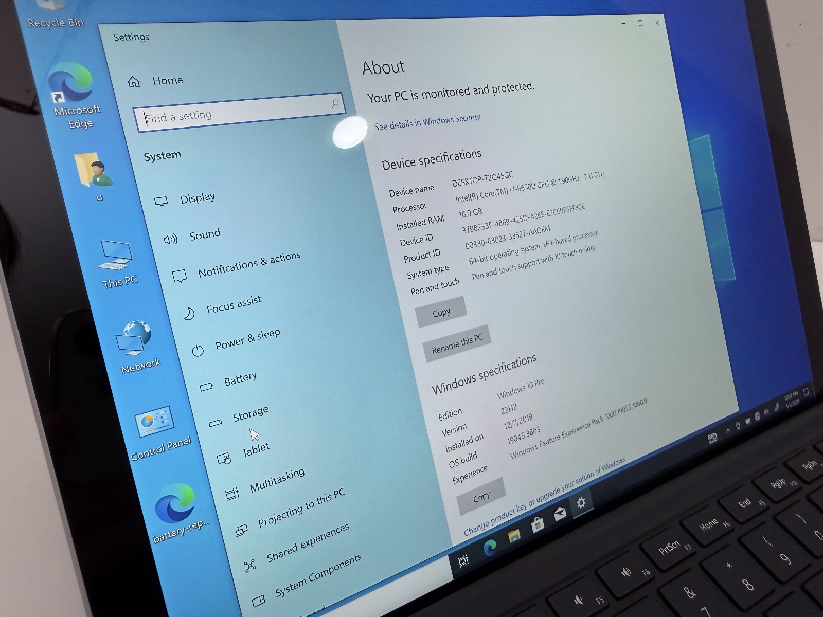 Microsoft Surface Pro 6 i7-8650U CPU @ 1.90GHz 16 GB RAM 512 GB Win 10 Pro