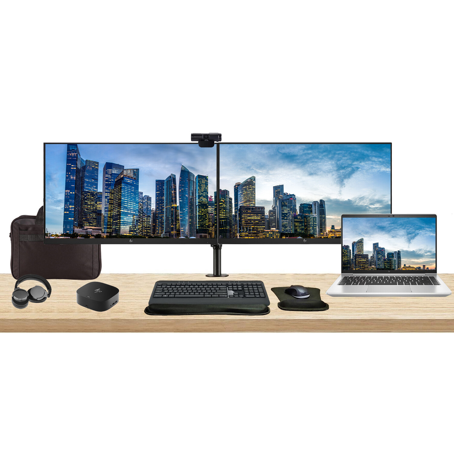 HP EliteBook 645 G10 14″ Ryzen 7 Notebook with 2 x EliteDisplay E27 27″ Monitors