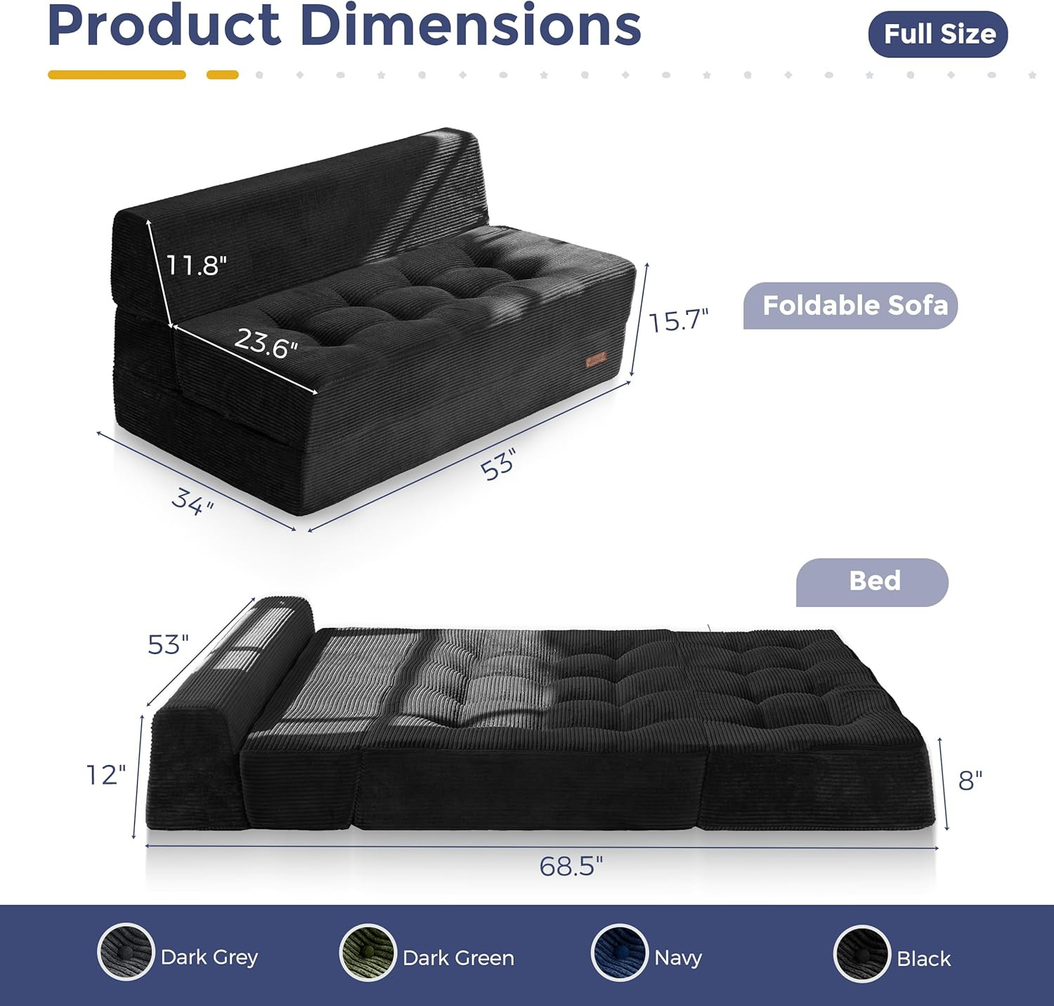 8″ Folding Sofa Bed, Fold Out Chair Bed, Convertible Floor Sofa Couch, High-Dens