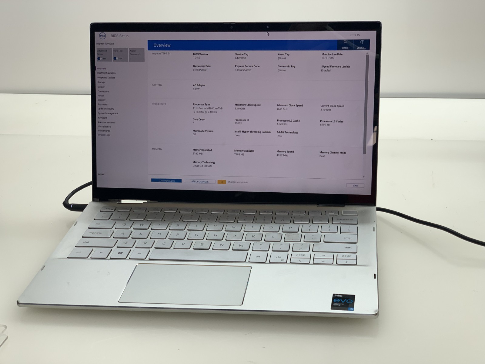 DELL INSPIRON 7306 2N1 I5-1135G7@ 2.40GHz 8GB RAM TOUCH NO OS/SSD WAC *READ