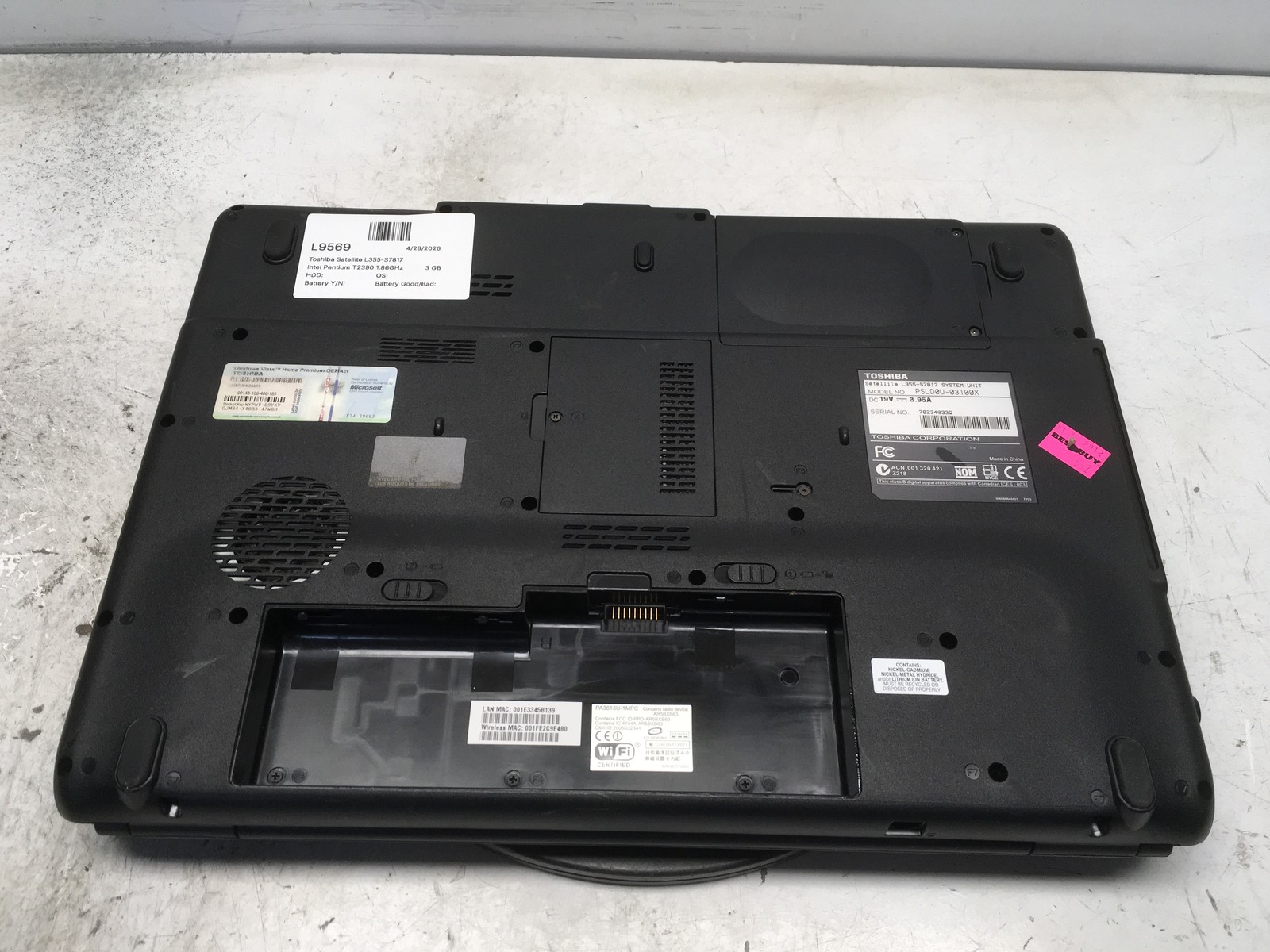 Toshiba Satellite L355-S7817 Intel Pentium T2390 1.86GHz 3 GB NO HDD No Batt