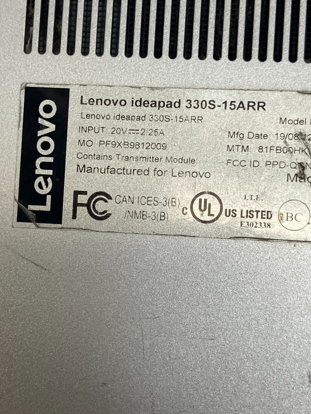 Lenovo IdeaPad 330S-15ARR Laptop Ryzen 5 2500U, 4GB RAM, No Drive FOR PARTS