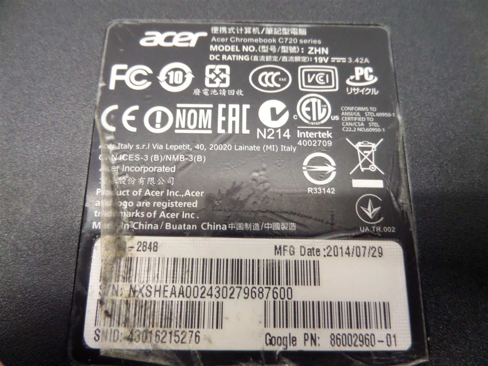 Acer Chromebook C720 Series ZHN 11.6″ Celeron 2957U 1.4GHz CPU 2GB RAM 16GB SSD