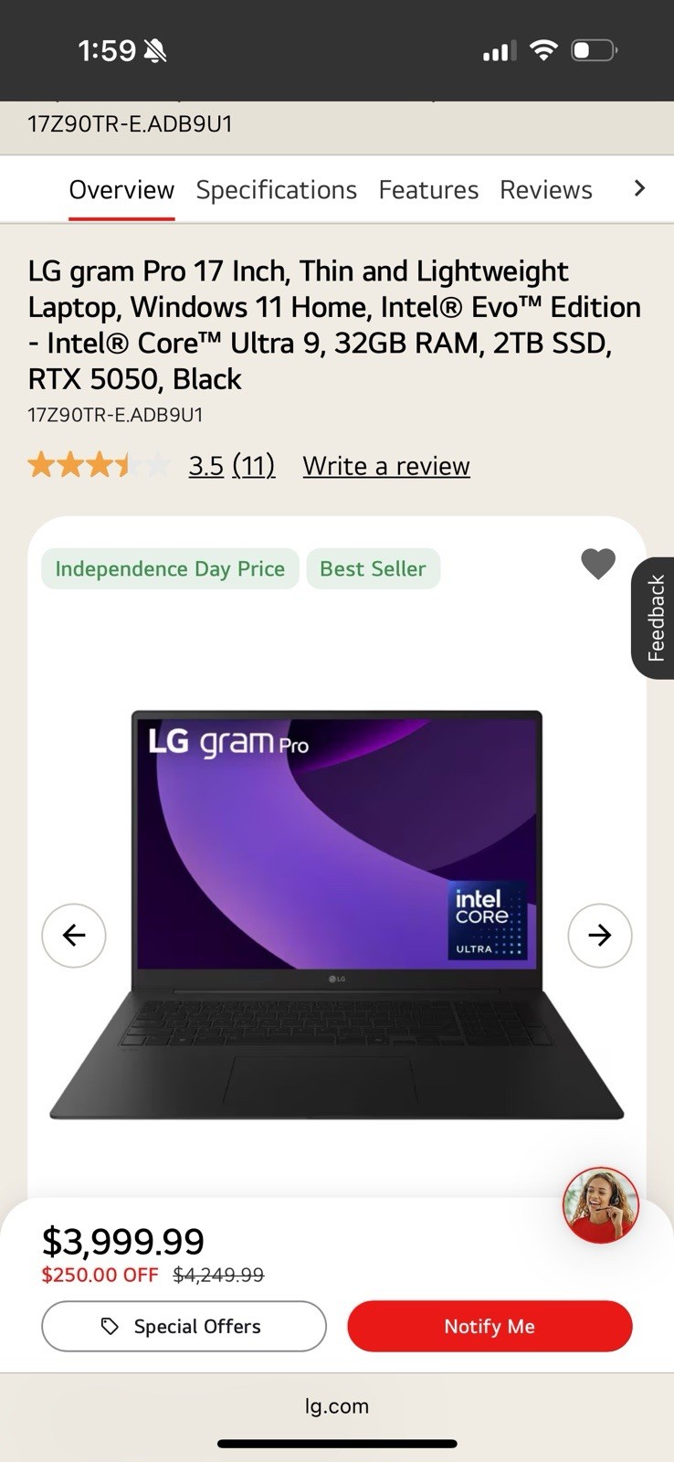 LG gram Pro 17 17in Core Ultra 9 32GB 2TB SSD RTX 5050 Win 11 Black